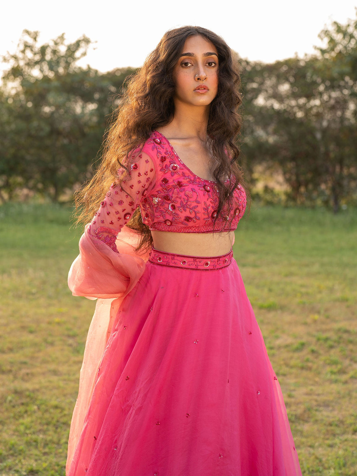 Azalea Pink Silk Organza Lehenga Set