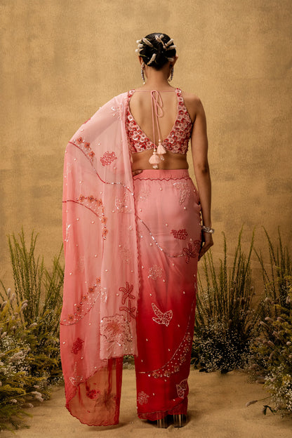 Pink ombre Pre-stitched hand embroidered organza saree set