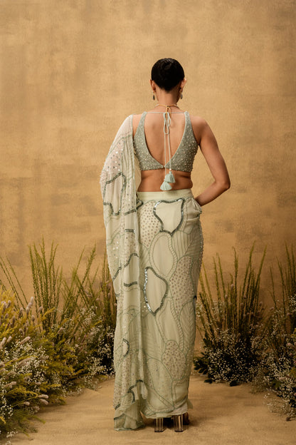 Mint green Pre-stitched hand embroidered georgette saree set