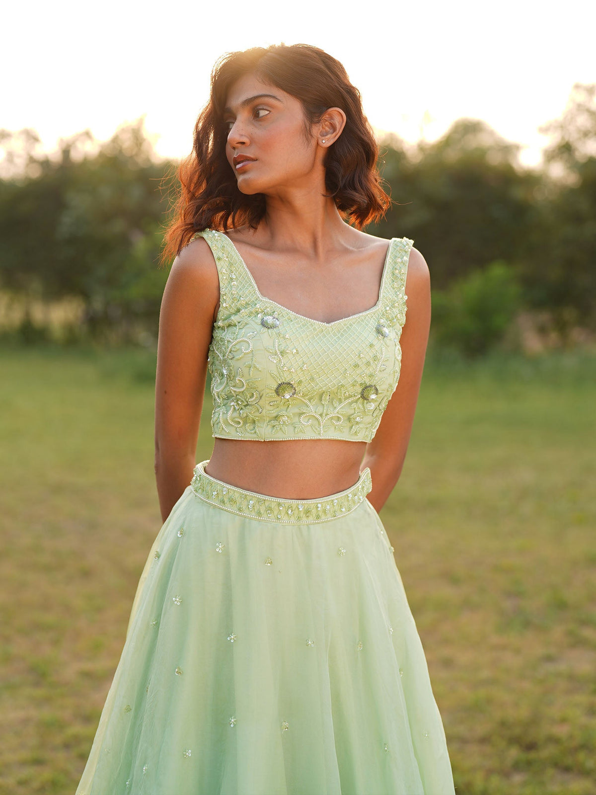 Summerhaven Green Silk Organza Lehenga