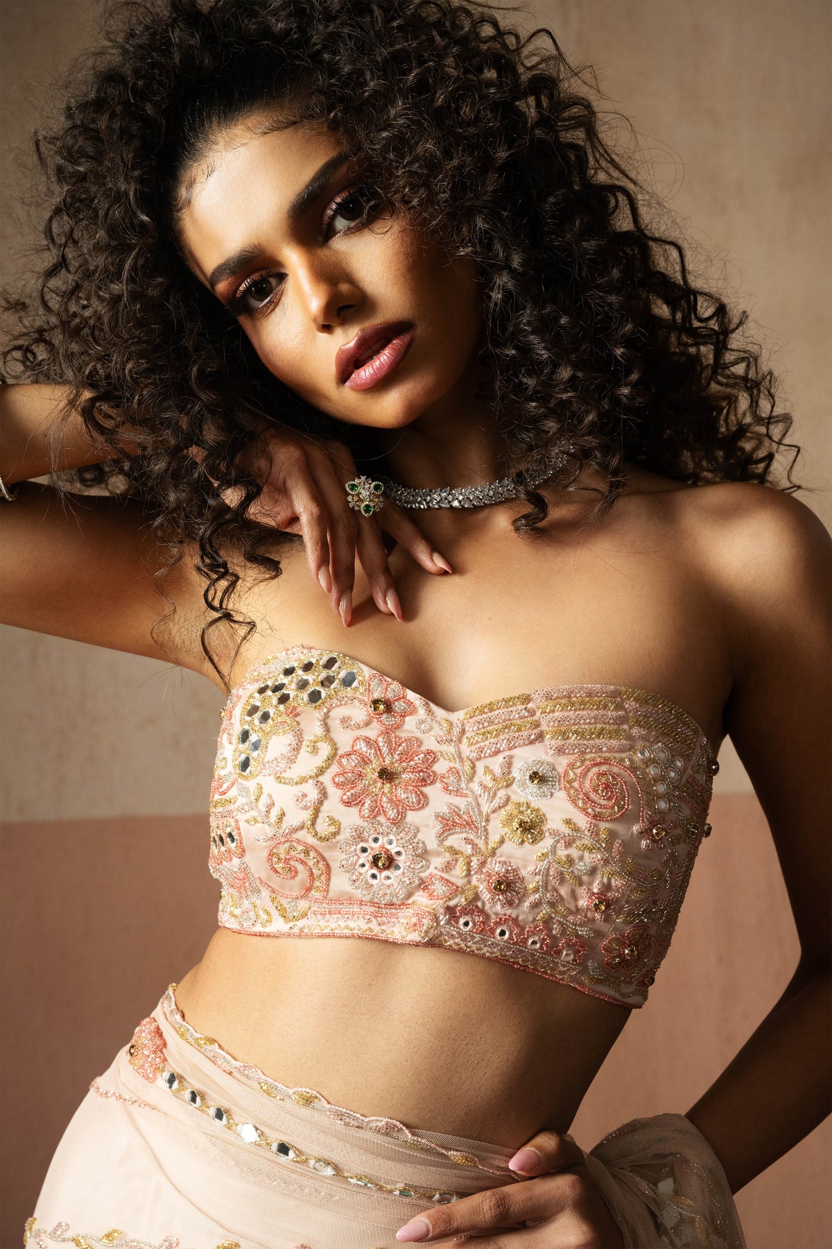 Predraped, Baby Pink,  Hand Embroidered Net & Satin Saree