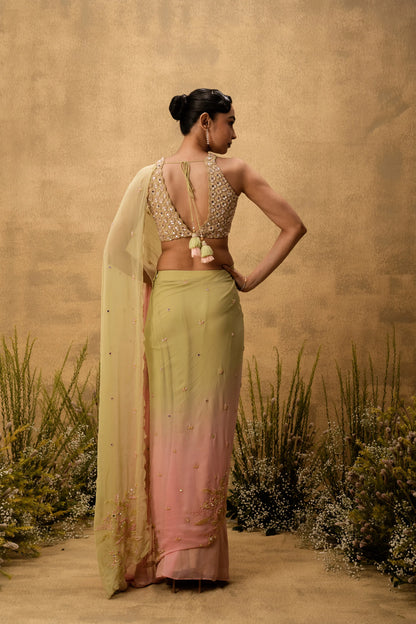 Pastel green & pink ombre Pre-stitched hand embroidered georgette saree set