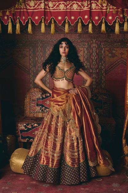 Rust Orange Pure Tissue and Maroon Velvet Lehenga Set