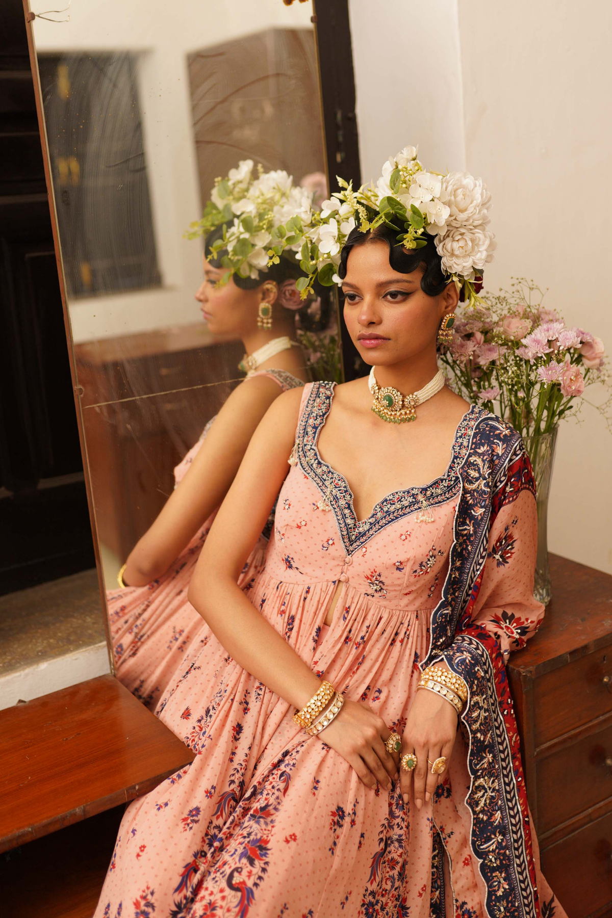 Soft pink open Jacket with crushed sharara set