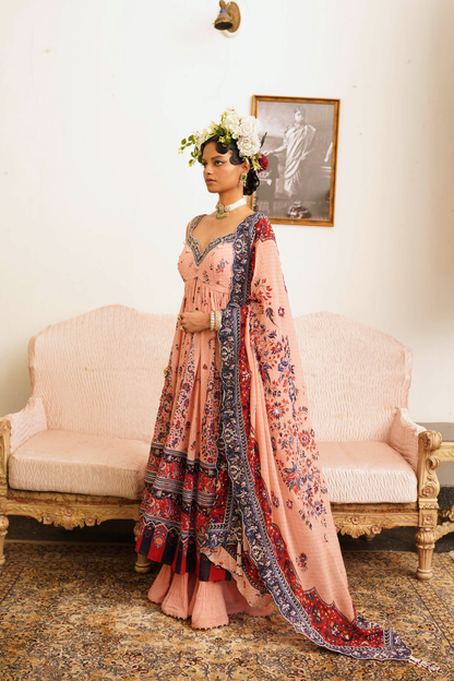 Soft pink open Jacket with crushed sharara set
