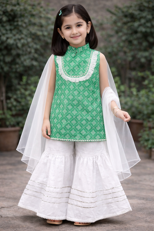Green Hand Block Printed Cotton Sharara Suit