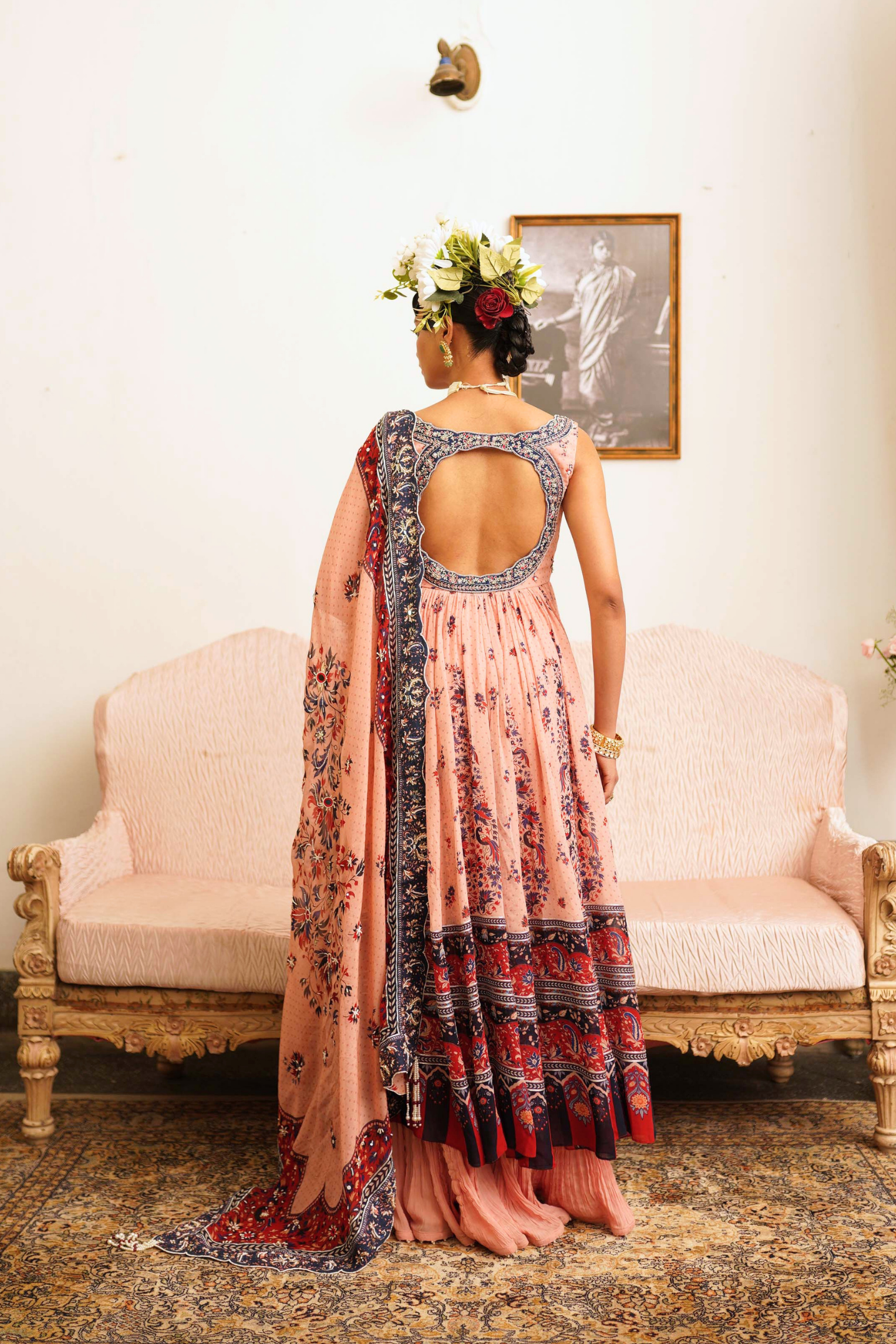 Soft pink open Jacket with crushed sharara set