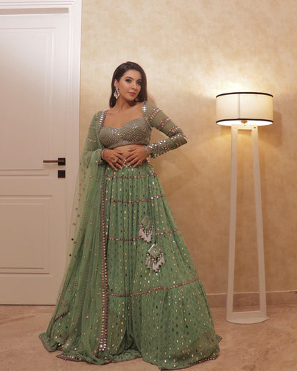 Tier Dull Mint Lehenga Set (NIKKI MEHRA)