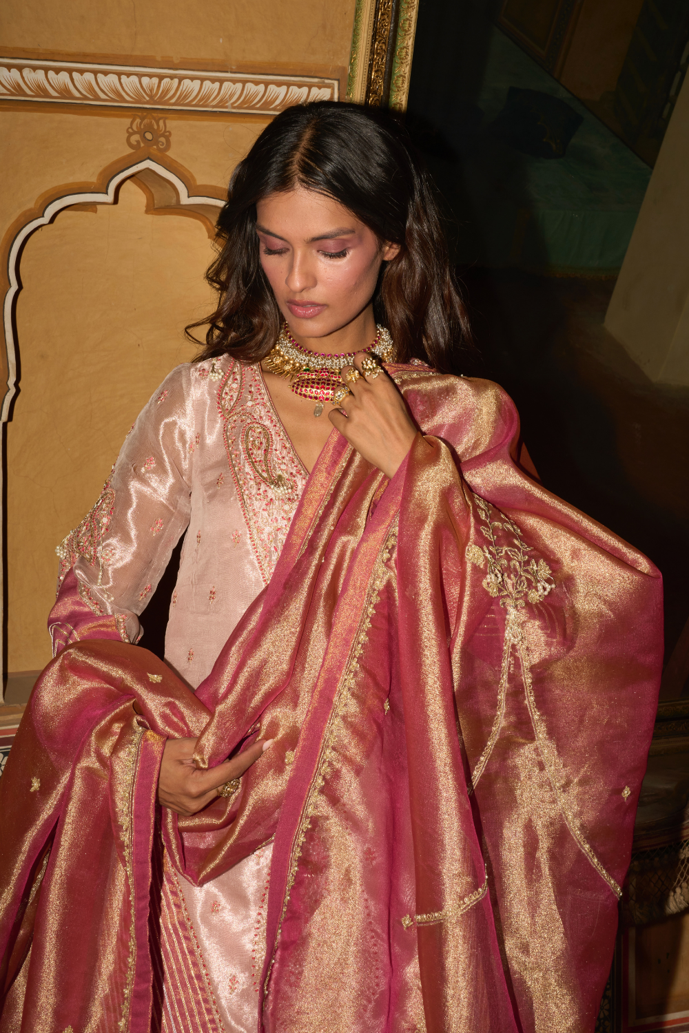 Rose gold short kurta and sharara set