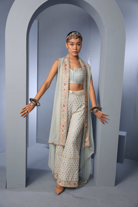 Women's Powder Blue Floral Cape-Palazzo