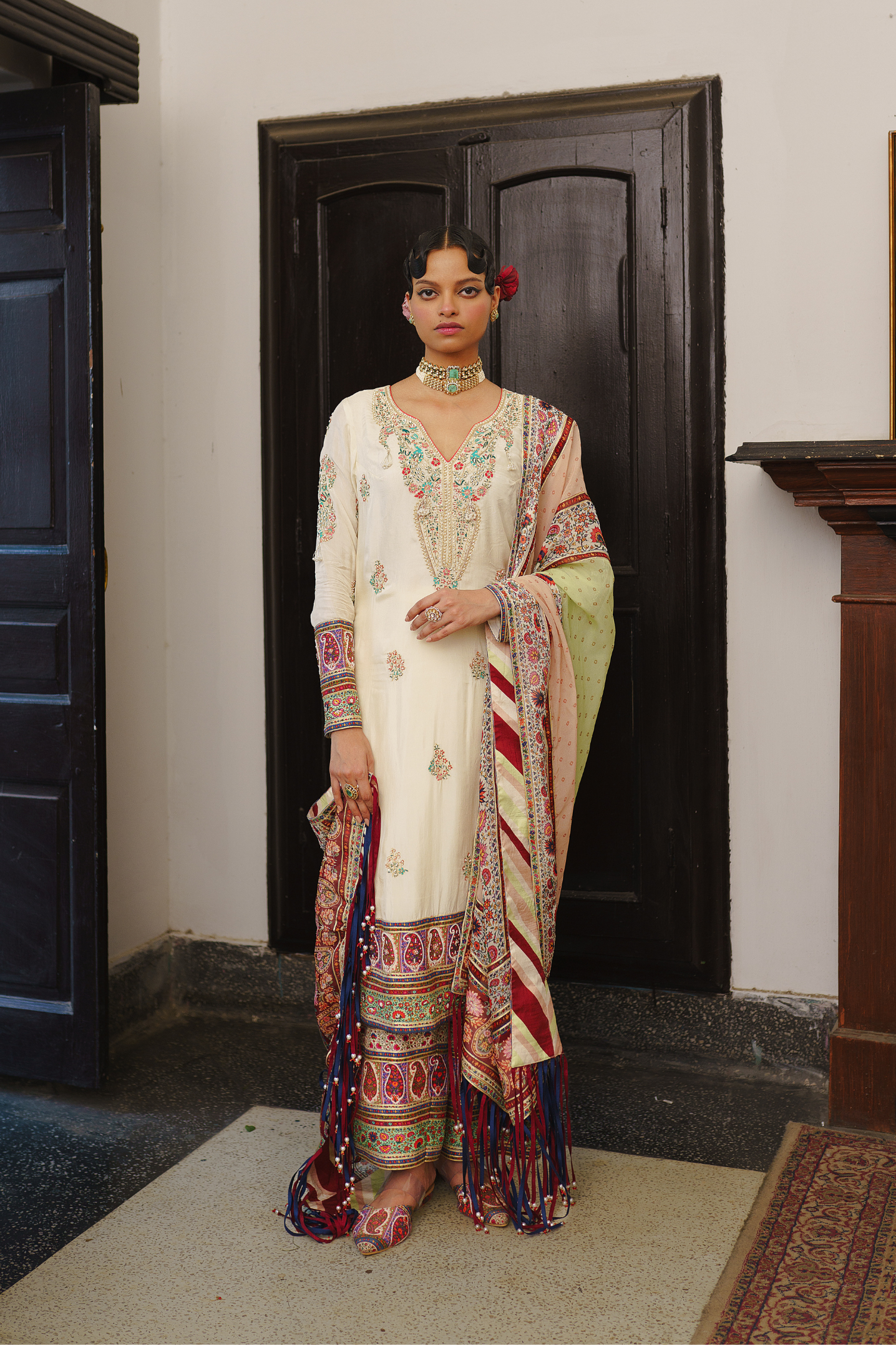 Ivory long kurta farsi salwar dupatta set
