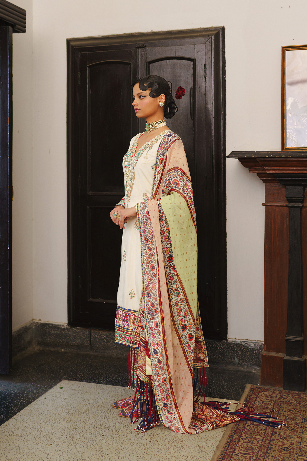 Ivory long kurta farsi salwar dupatta set