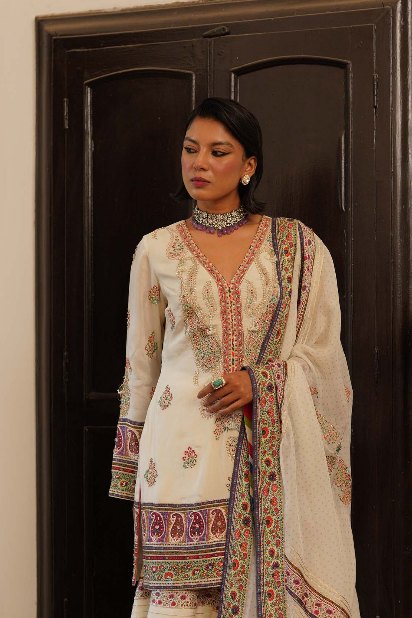 Ivory paisley short kurta with sharara set