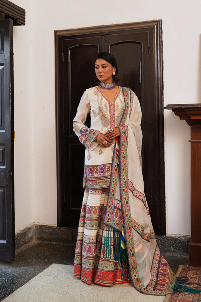 Ivory paisley short kurta with sharara set
