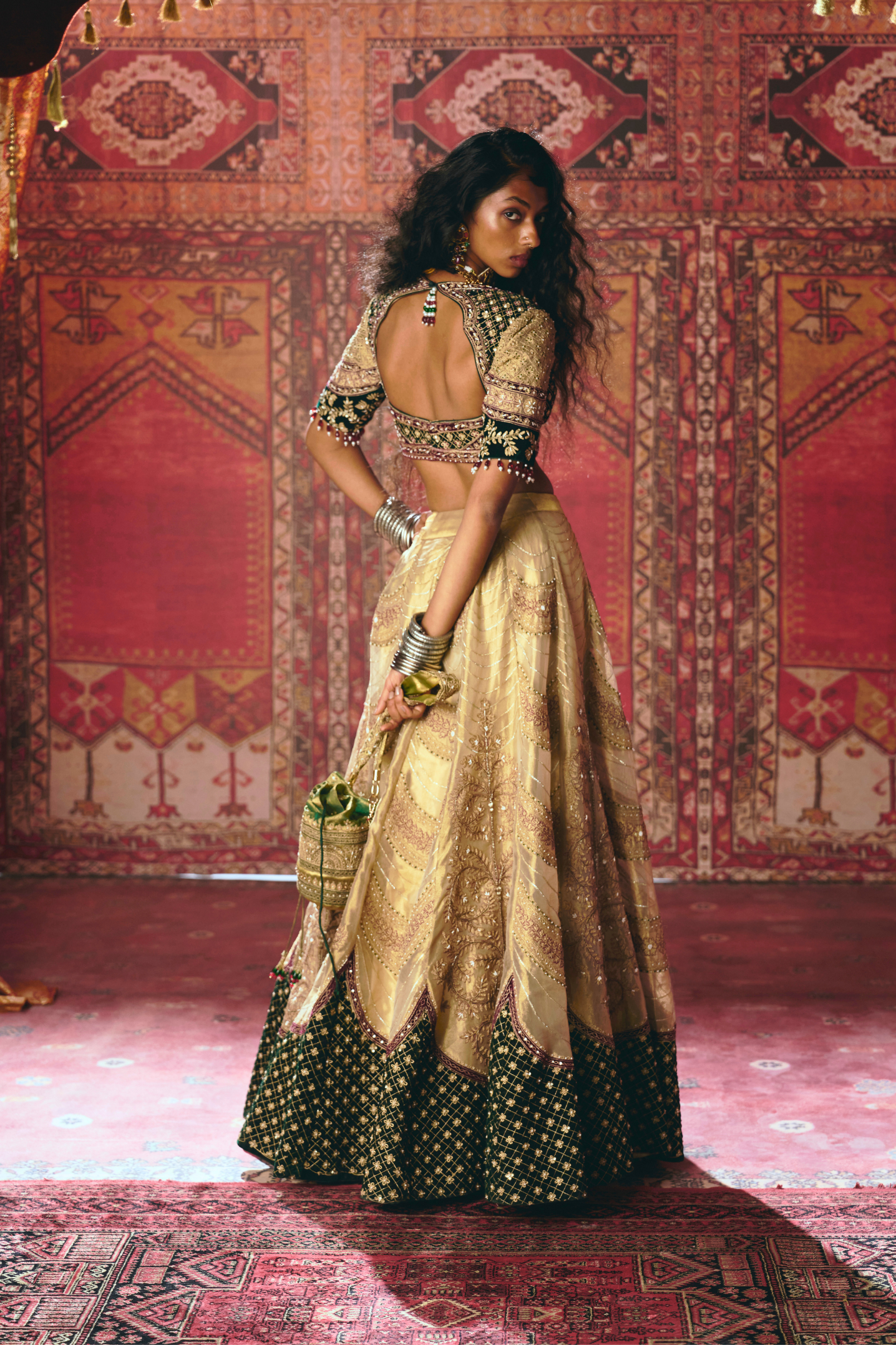 Gold and Dark Green Pure Tissue and Velvet Lehenga Set