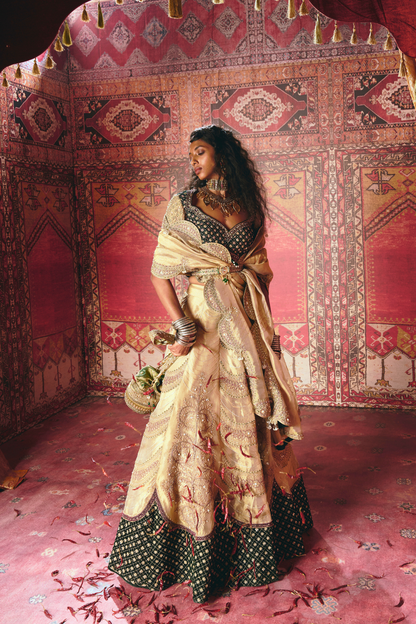 Gold and Dark Green Pure Tissue and Velvet Lehenga Set