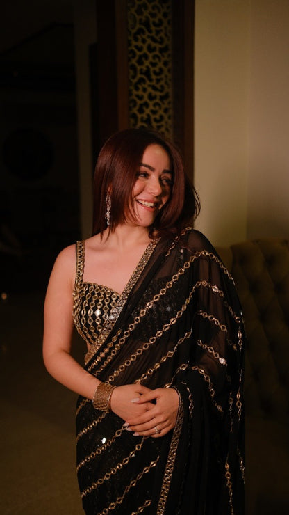 SIMRAN SETHI BEDI In Black mirror Embroidered Pre Draped Saree Set