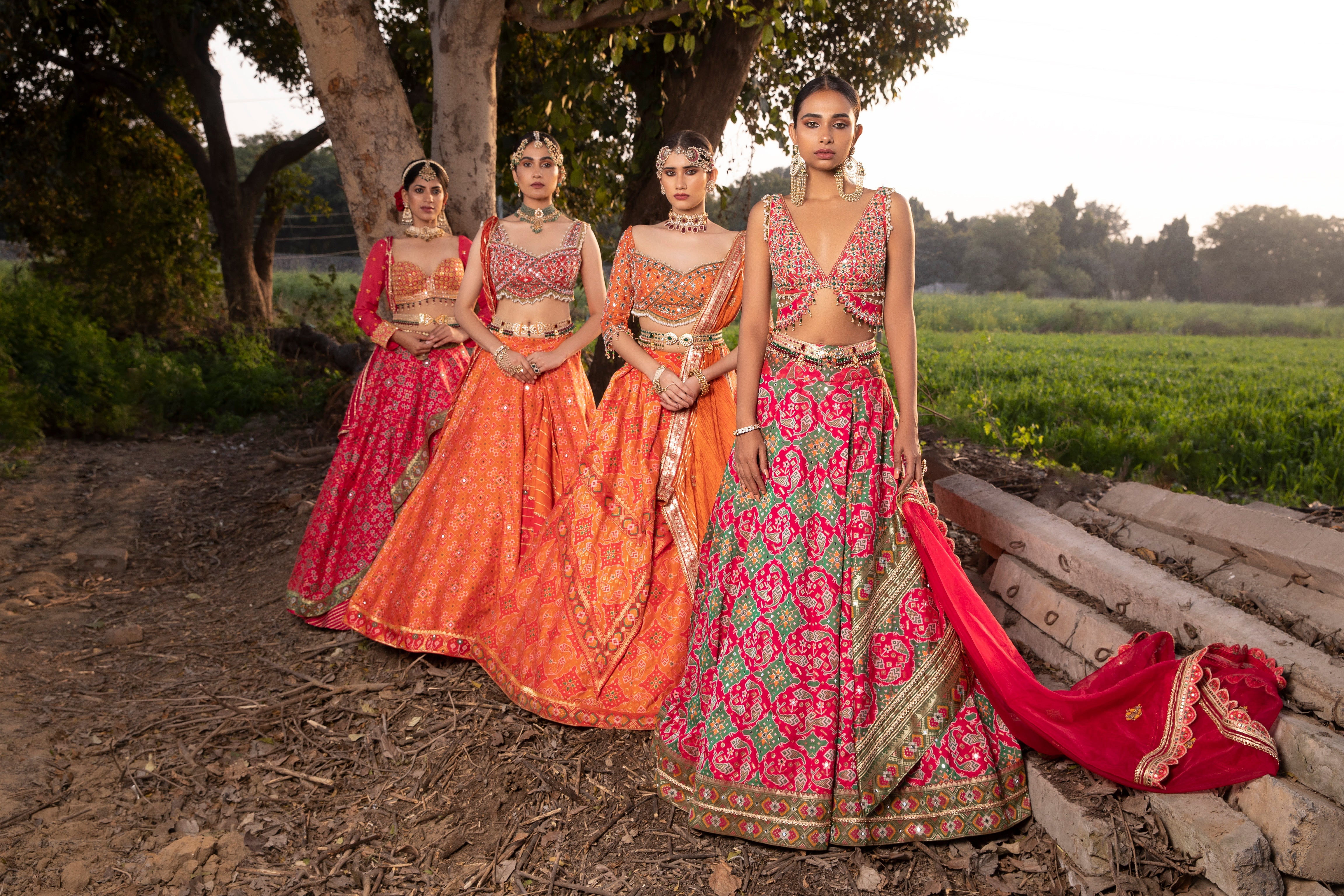 Women's Coral Embroidered Ikat Lehenga Set 