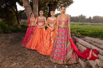Women's Coral Embroidered Ikat Lehenga Set 