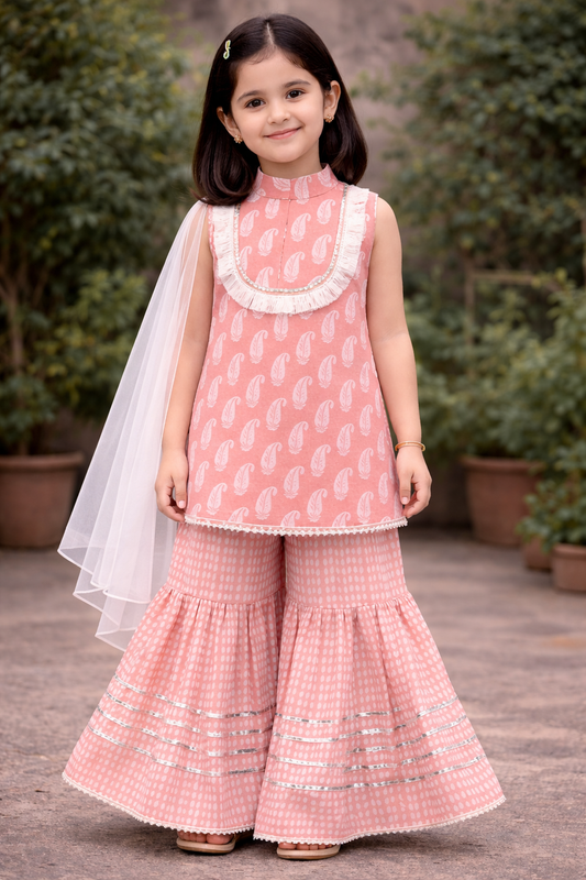 Peach Hand Block Printed Cotton Sharara Suit