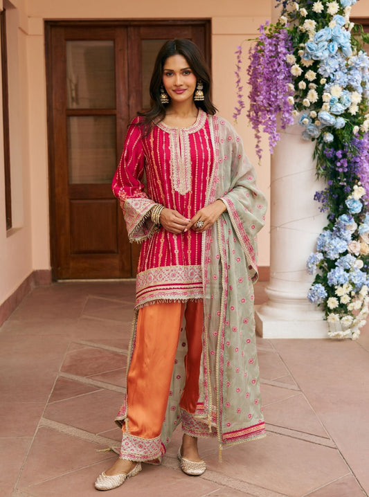 Jhumri Cupro Satin Rani Pink Kurta Set