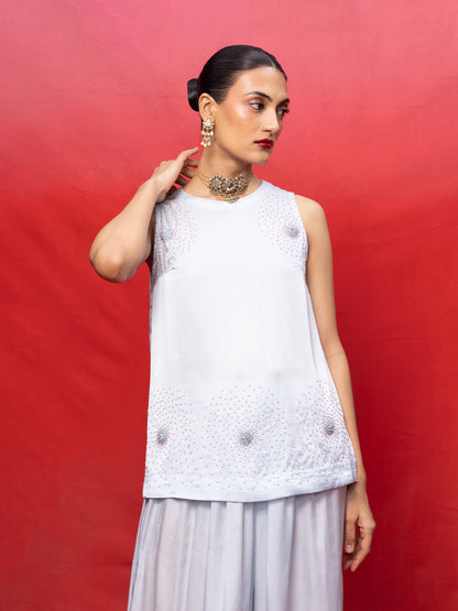 Handwoven Ice Blue Silk Embroidered Top and Pant Set