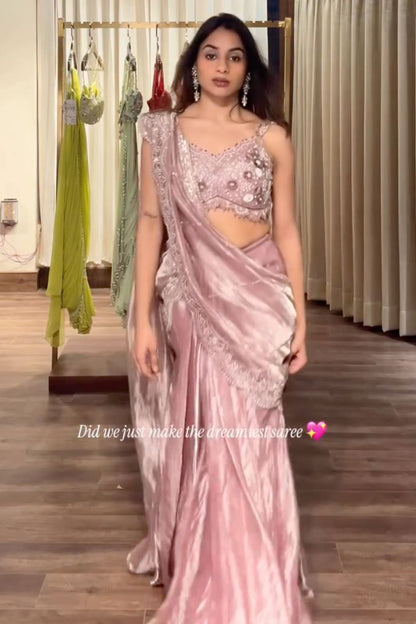 Champagne Rose Pre-Draped Saree