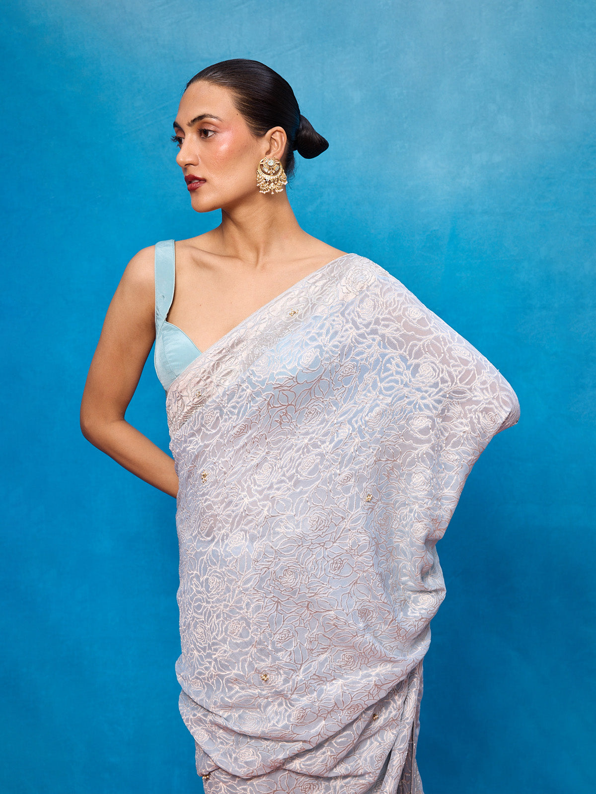 Handwoven Ice Blue Chiffon Embossed Saree