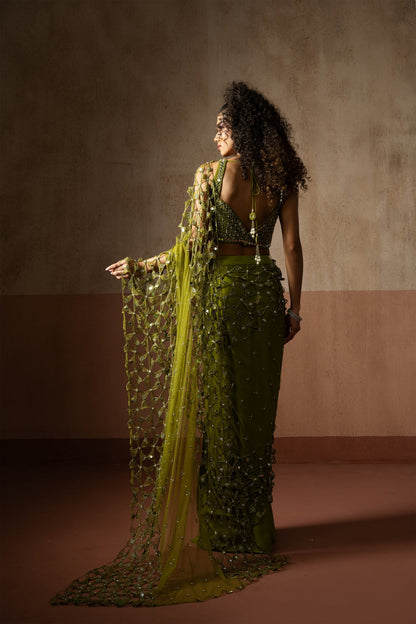 Predraped, Mehendi Green, Hand Embroidered Net & Satin Saree