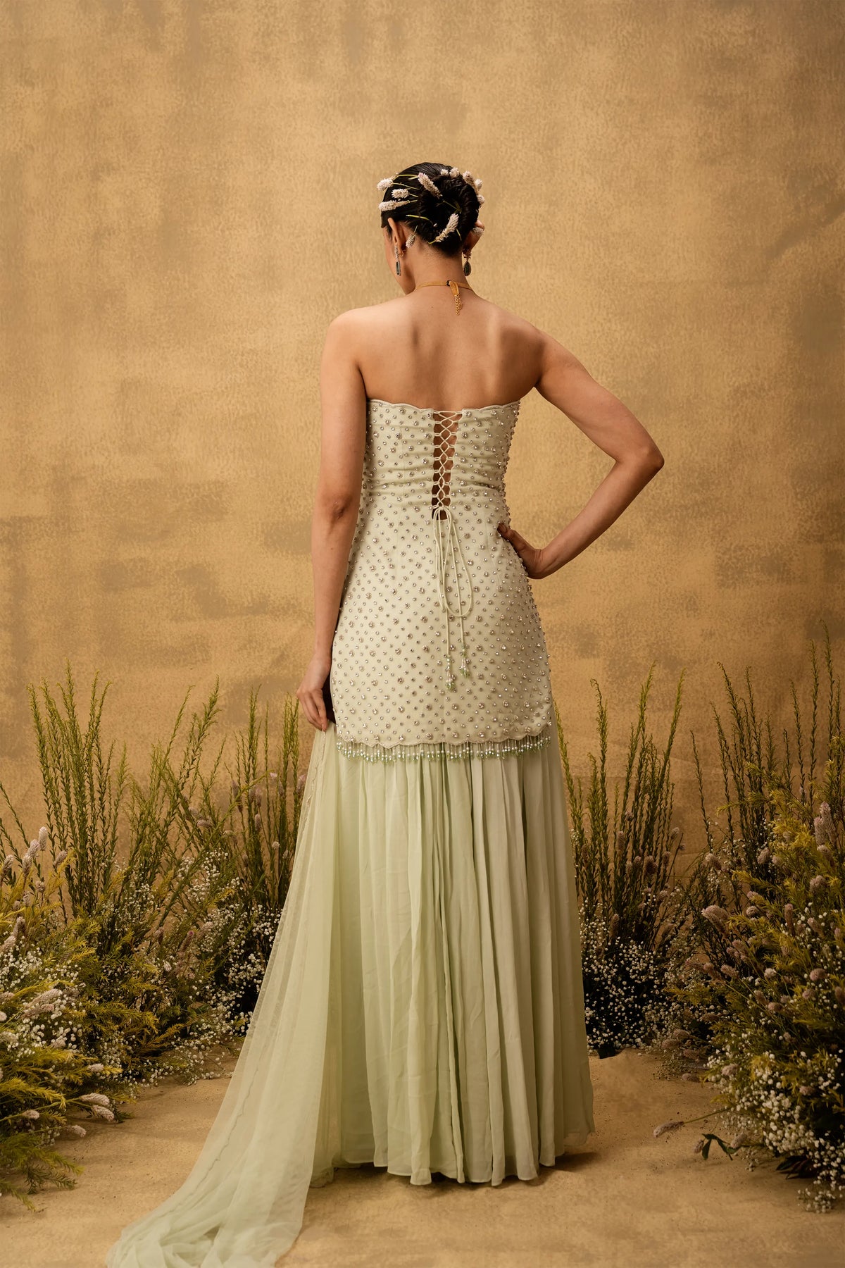 Mint green hand embroidered georgette sharara set