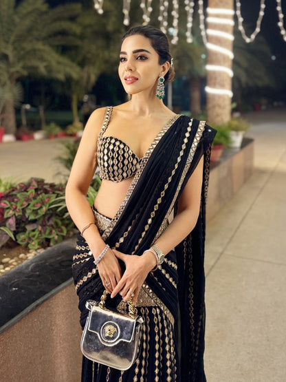 BAHAAR DHAWAN In Black Pre Draped Saree Set