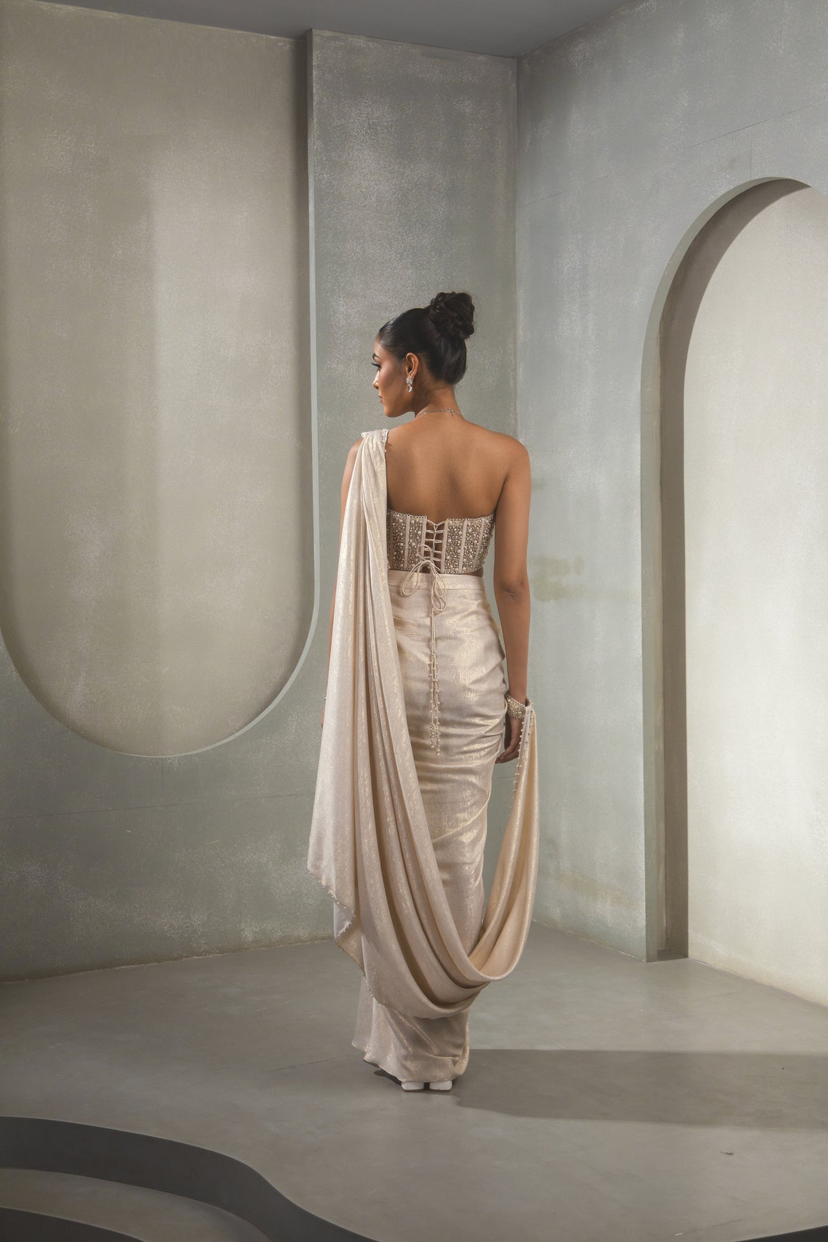 White Gold Corset Saree Drape