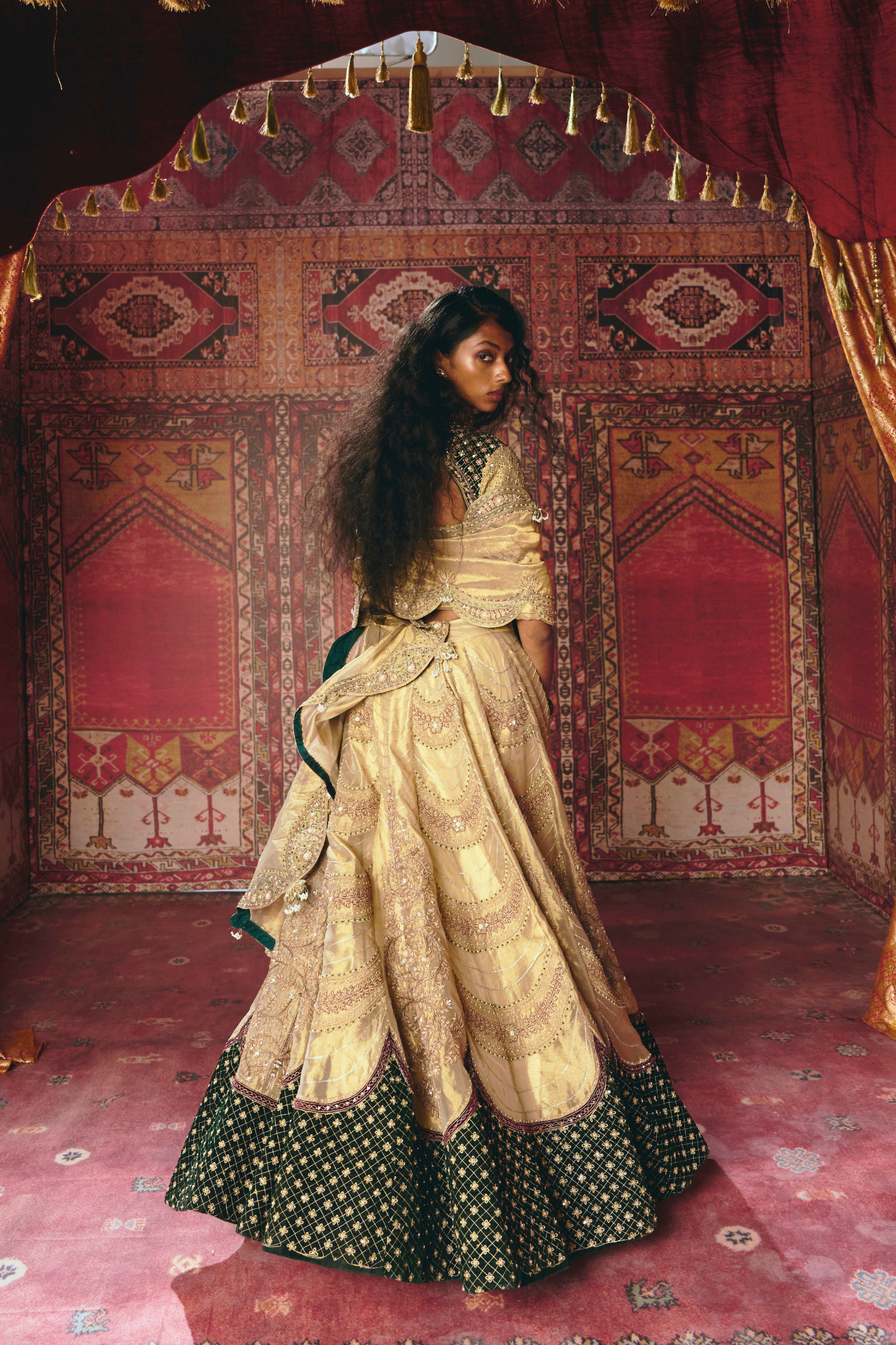 Gold and Dark Green Pure Tissue and Velvet Lehenga Set