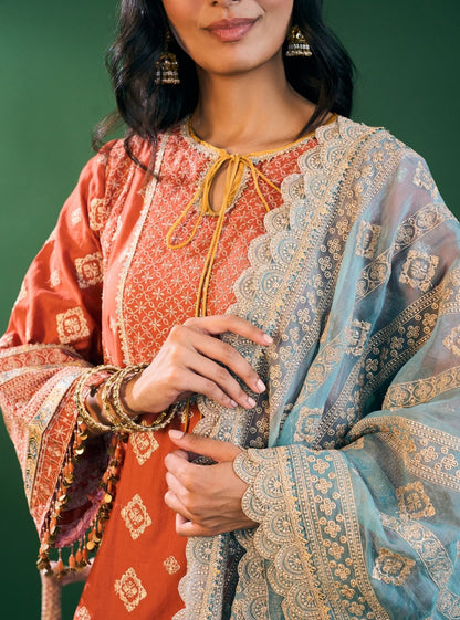 Hira Pima Satin Orange Kurta Set