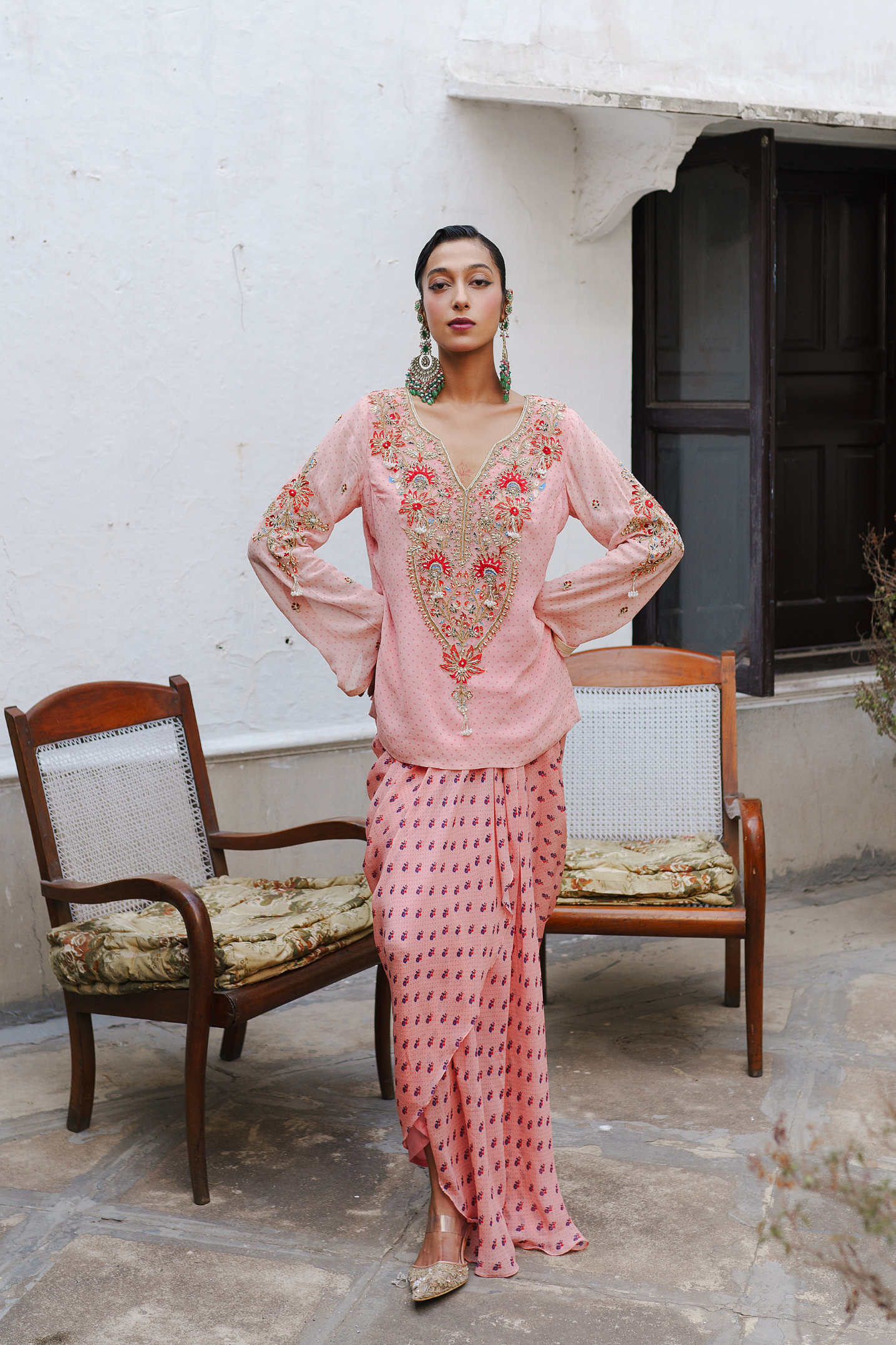 Soft pink kurta with dhoti drape set