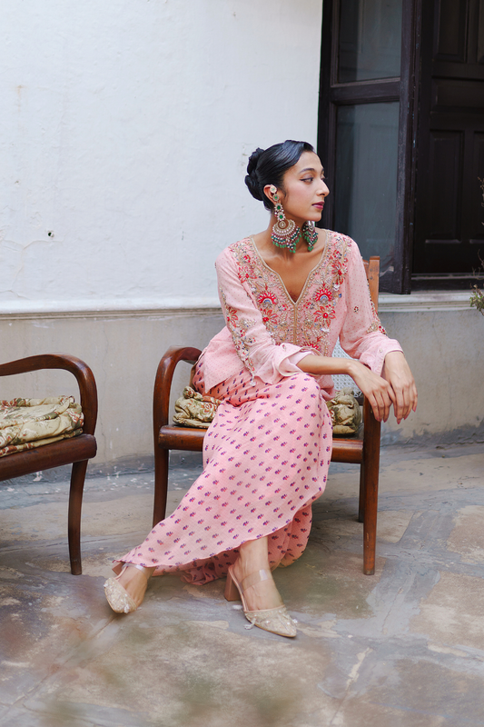 Soft pink kurta with dhoti drape set
