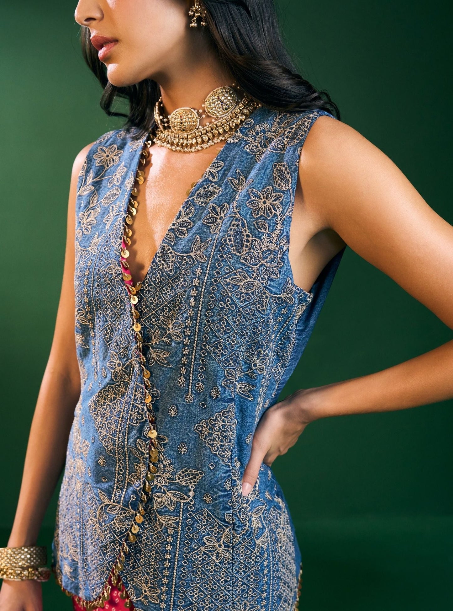 Lunira Denim Waistcoat With Cupro Satin Printed Fuschia Draped Skirt