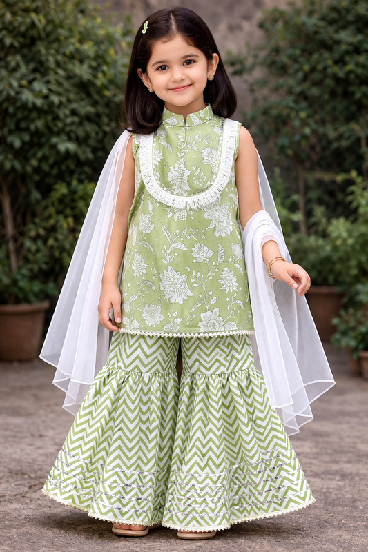 Green Hand Block Printed Cotton Sharara Suit