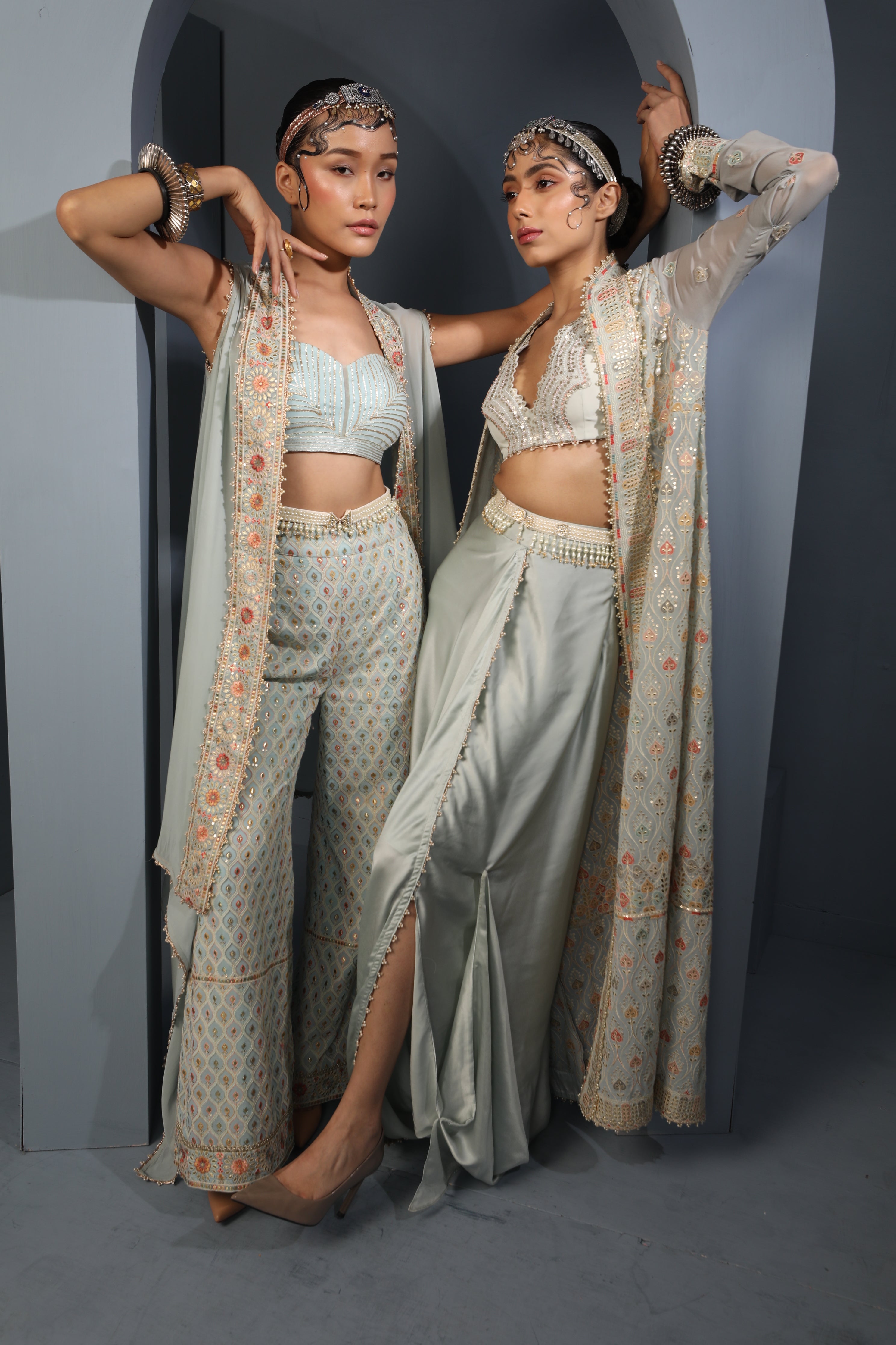 Powder Blue Embroidered Draped Cape-Skirt