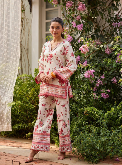 Aelani Linen Printed Off White Co-ord Set
