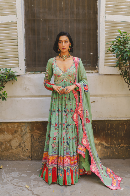 Pista green floral anarkali set