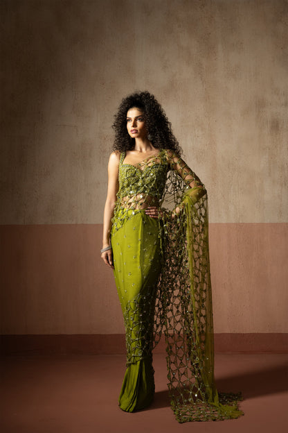 Predraped, Mehendi Green, Hand Embroidered Net & Satin Saree