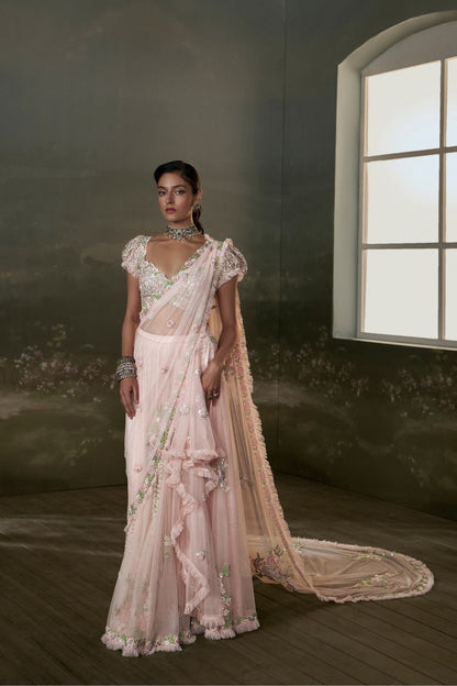 Amna Sharif In Rose Pink Pre-draped  Saree With Trail