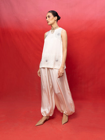 Handwoven Ivory Silk Embroidered Top and Pant Set