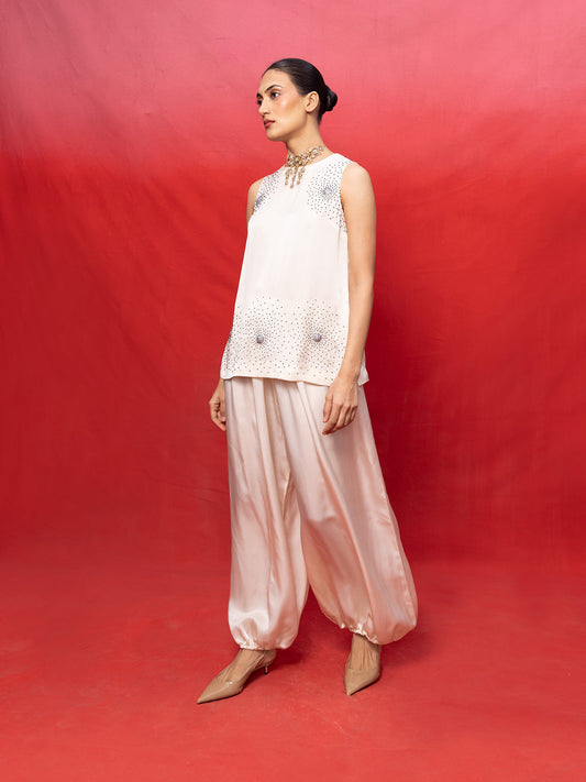 Handwoven Ivory Silk Embroidered Top and Pant Set