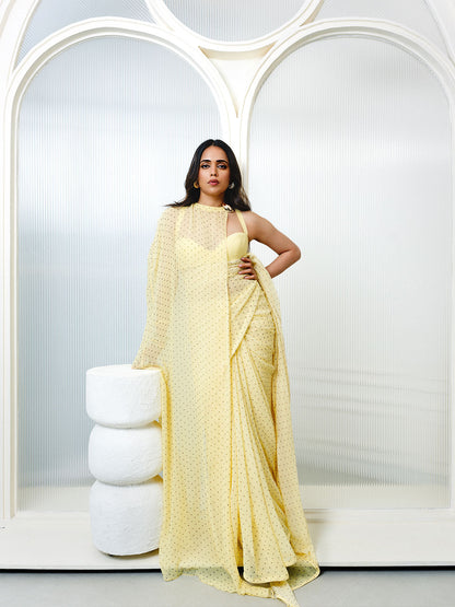 Butter Yellow Polka Dotted Saree