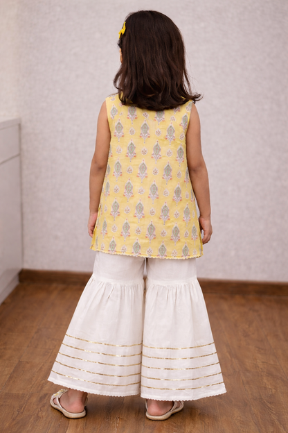 Yellow block print kurta with white garara set