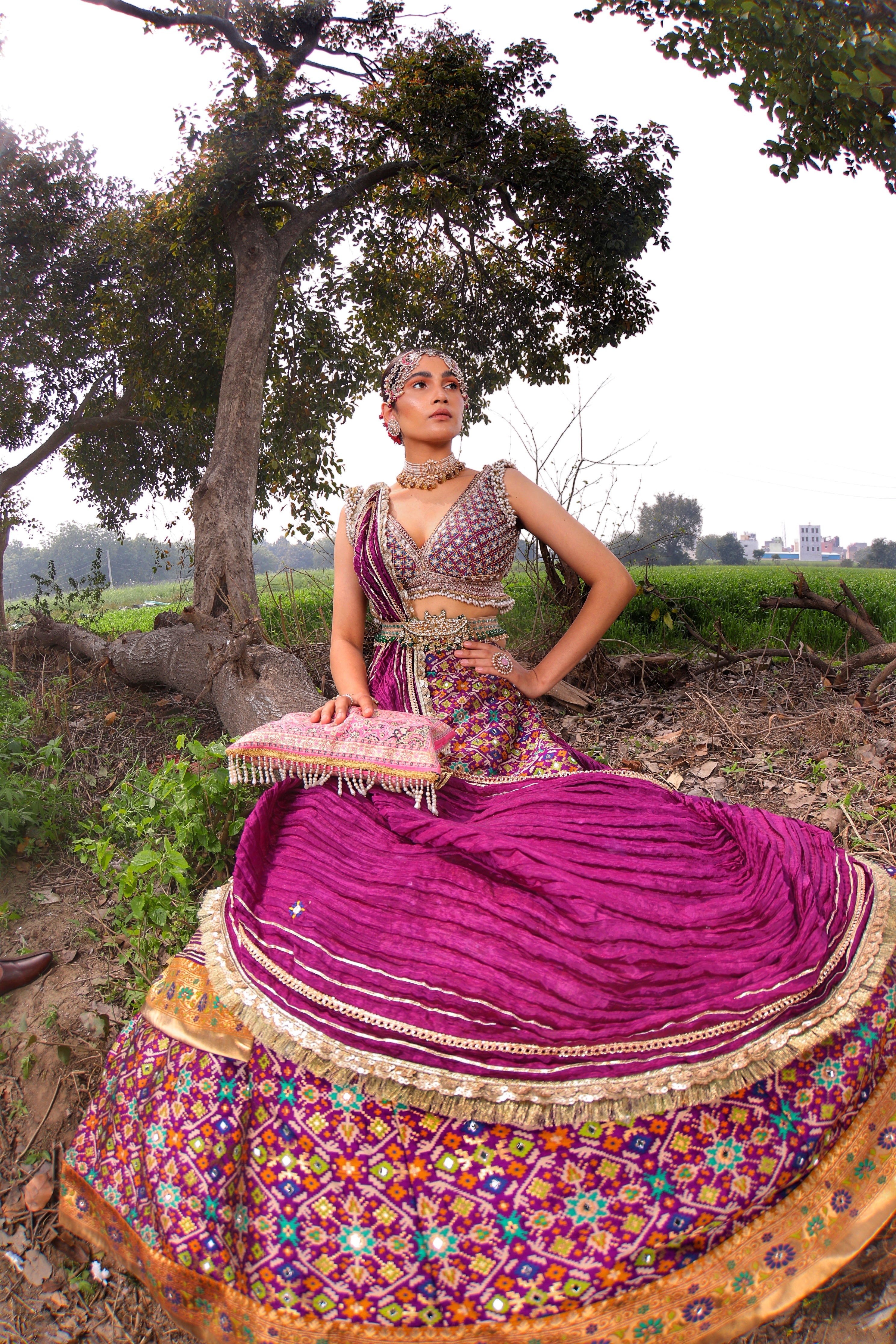 Women's Mulberry Purple Ikat Lehenga Set