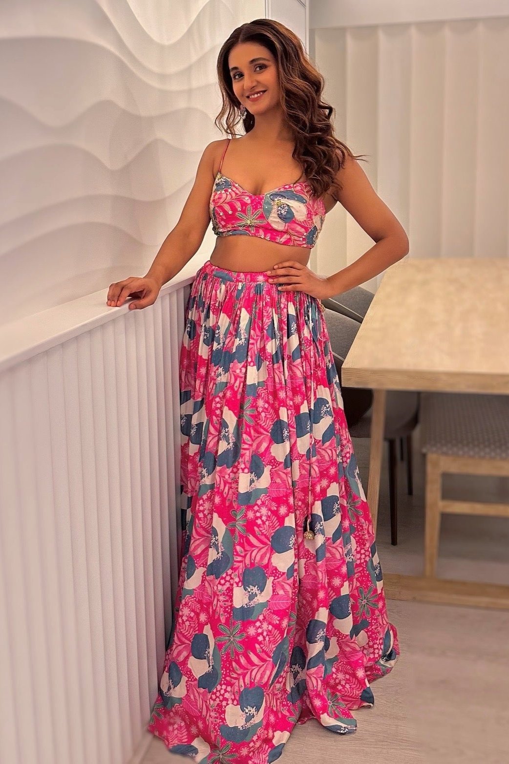 SHAKTI MOHAN IN FLORAL PRINT EMBROIDERED JACKET AND SPAGHETTI BRALET WITH GHAGHRA- EC-JG-EG24-22- PinkGreen