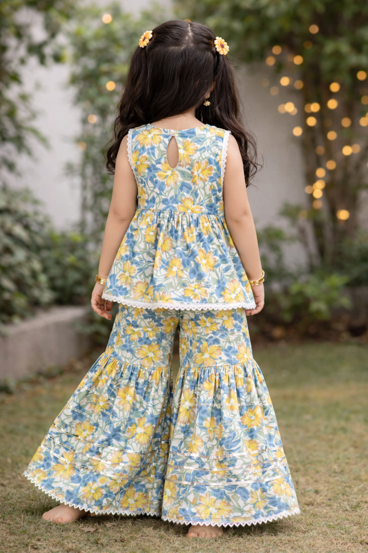 Blue Yellow Hand Block Printed Cotton Sharara Suit